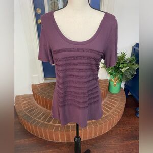 Loft Deep Purple ruffle front detail tshirt. Size Large